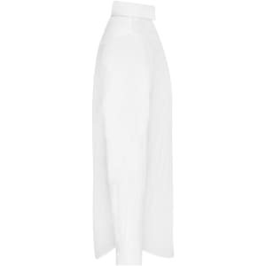 A white men's shirt displayed from the side, featuring a collar and a sleek design. It has a small logo.