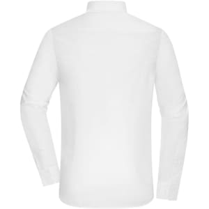 A white men's shirt featuring long sleeves and a standard collar, with a branding logo on the back.