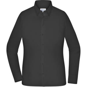 A black ladies' shirt with long sleeves and a button-up front, featuring a classic collar and a branded logo.