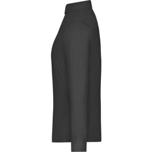 A ladies shirt in a solid dark colour, featuring a collared neck and long sleeves, with a logo on the side.