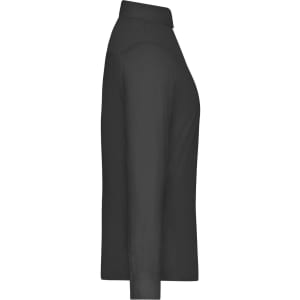 A side view of a black ladies' shirt featuring a collar and long sleeves, with a logo present.