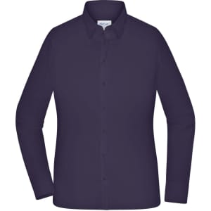 A long-sleeve ladies shirt in a deep purple colour, featuring a collared neckline and button-up front.