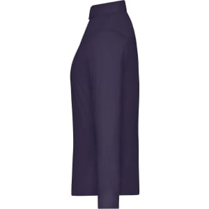 A ladies shirt in dark navy with a collared design and long sleeves, featuring a logo.