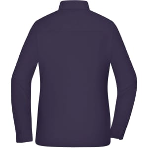 A ladies shirt in dark purple with long sleeves and a back collar. It features a logo.
