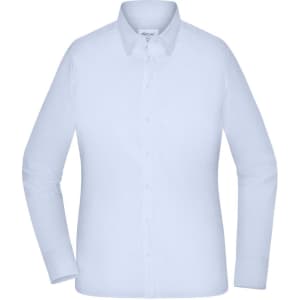 A white long-sleeved ladies shirt featuring a collared design and button front, accompanied by a logo.