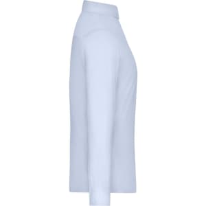 A light blue ladies shirt featuring a collar and long sleeves, with a logo on the side.
