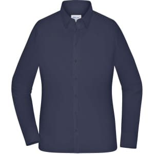 A long-sleeved ladies shirt in navy blue with a collar and button-up front. Features a logo on the tag.