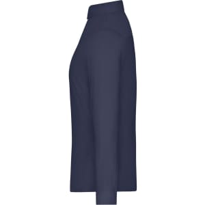 A navy blue ladies shirt displayed from the side, featuring a collared design and long sleeves.