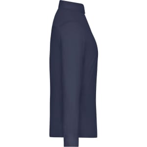 A navy ladies shirt with a collar, featuring a side view design. It has a simple style and a logo.
