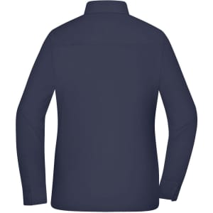 A navy blue ladies' shirt with long sleeves and a collar, featuring a logo on the back.