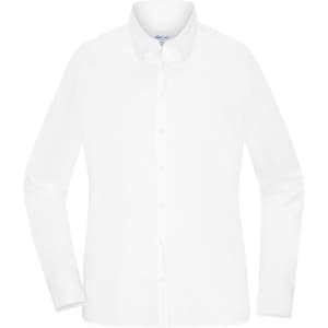 A white long-sleeved ladies' shirt with a button-up front and a collar, featuring a logo.