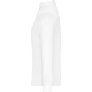 A white ladies shirt displayed from the side, featuring a collared design with long sleeves. It has a logo.