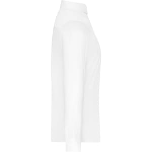 A white ladies shirt with a high collar and long sleeves displayed from the side. Features a logo.