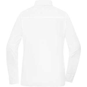 A white ladies shirt featuring long sleeves and a collared design, with a logo on the back.