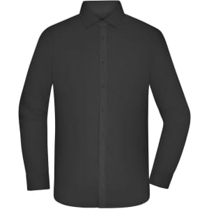 A black button-up shirt for men with long sleeves and a collar, featuring a logo on the label.