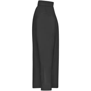 A black button-up shirt with a structured collar and side slits. It features a logo on the fabric.