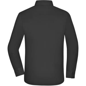 A black button-up men's shirt with long sleeves and a collar, featuring a branded logo.
