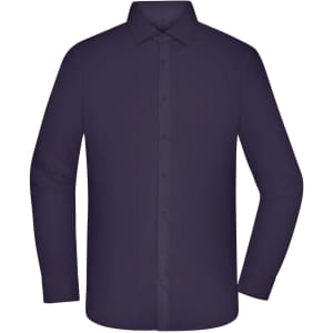 A button-up shirt in a deep navy blue colour, featuring long sleeves and a standard collar. It has a logo on the chest.