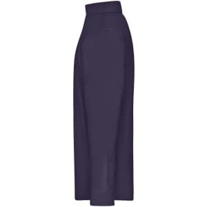 A side view of a men's button-up shirt in a dark purple colour, featuring a simple design and a logo.