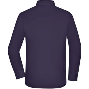 A dark purple button-up shirt with long sleeves and a collar, featuring a logo on the back.