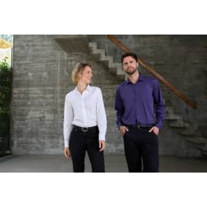 A purple button-up shirt on a man, and a white button-up shirt on a woman, both paired with black pants.
