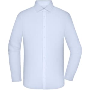 A white button-up shirt featuring a classic collar and long sleeves, with a logo on the fabric.
