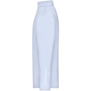 A light blue button-up shirt featuring a side view with a logo on the chest. Short sleeves and a classic collar design.