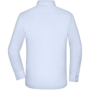 A white button-up shirt with long sleeves and a collar, featuring a logo on the back.