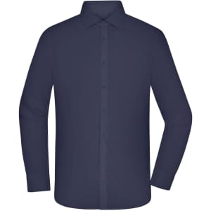 A navy button-up men's shirt with long sleeves and a collar. The shirt features a logo.
