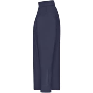 A navy blue men's button-up shirt with a sleek, tailored design and a logo on the fabric.