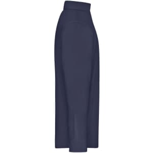 A navy blue men's button-up shirt displayed from the side, featuring a straight cut and a collar.