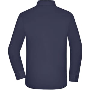 A navy blue button-up shirt with long sleeves and a standard collar, featuring a logo.