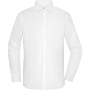 A white button-up shirt with long sleeves and a collared neckline, featuring a subtle logo.