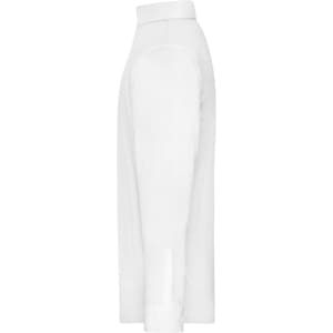 A white button-up shirt displayed from the side, featuring a collar and long sleeves. It has a logo.
