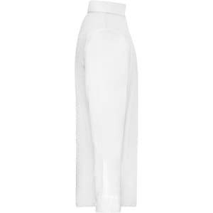 A white button-up shirt displayed from the side, featuring a collar and a logo on the fabric.