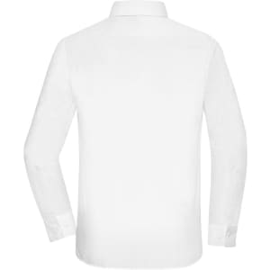 A white button-up shirt with long sleeves and a collar, featuring a logo on the back.