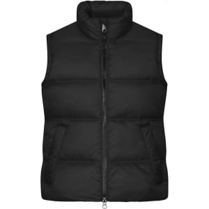 A black ladies winter vest with a high collar, zip front, and two front pockets. It features a branding logo.
