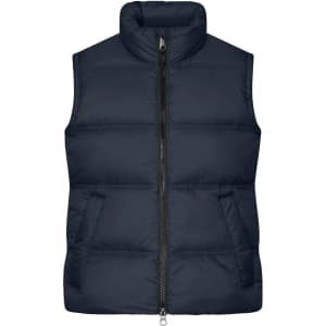 A navy puffer vest featuring a high collar and two front pockets, with a zip closure and a logo.