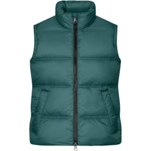 A green ladies winter vest with a high collar, zip front, and two front pockets. It features a logo on the chest.