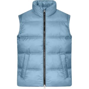 A light blue men's winter vest with a zip front and two side pockets, featuring a collar and puffer style.