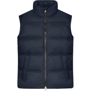 A navy men's winter vest with a high collar, front zipper, and two side pockets. Features minimal branding.