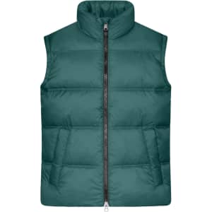 A green men's winter vest with a high collar and a front zipper, featuring two side pockets and no sleeves.