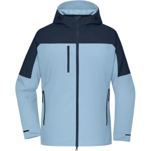 A light blue and navy jacket with a hood, featuring zippered pockets and a logo.