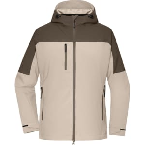 A lightweight ladies' 3-in-1 jacket in beige and brown, featuring a hood and zippered pockets, with a logo.