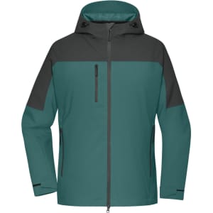 A teal and grey ladies' 3-in-1 jacket with a hood and zippered pockets, featuring a logo on the chest.