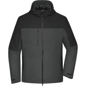 A men's 3-in-1 jacket in black and dark grey, featuring a hood and zippered front pockets, with branding visible.