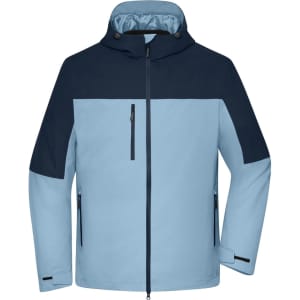 A men's 3-in-1 jacket in light blue and navy, featuring a zip front and hood. The jacket has branding.