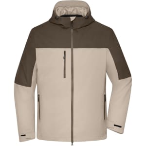 A men's 3-in-1 jacket featuring a beige body with dark brown shoulder and hood panels. The jacket has a hood and zippers.