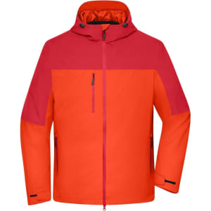 A red and orange men's 3-in-1 jacket with a hood and multiple zippered pockets, featuring a logo.