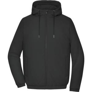 A black ladies bomber jacket featuring a hood and zippered front, with an adjustable drawstring.